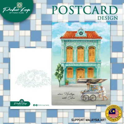 Postcard Design Asian Vintage Shophouse Building WaterColor Drawing Concept (BUY 10 FREE 1)