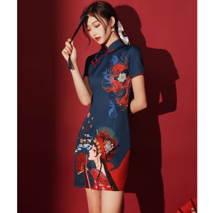 Ruige Cheongsam National Fashion  New Womens Summer Blue Chinese Style Womens Clothing Small Young Improved Dress