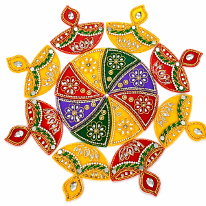 Traditional Handcrafted Acrylic Rangoli Set | Reusable Diwali Floor Decor with Stone Work | Festive Home Decoration (Size - 13 inches | Set 16 Pcs)