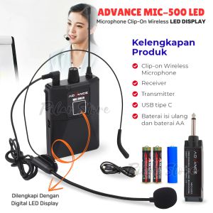 Advance Mic-500 LED Mic Bando Wireless Mic Clip On / Microphone Eksternal Receiver LED DISPLAY Terbaru