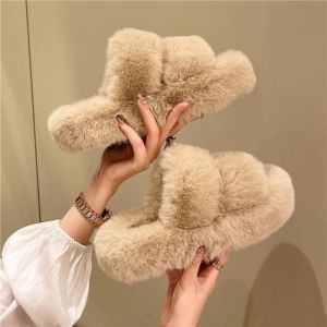 Free Shipping New Autumn And Winter Korean-Style Thick-Soled Furry Slippers For Women Fashionable Outdoor Wear Plush Indoor And Outdoor Lazy Slip-On Cotton Slippers