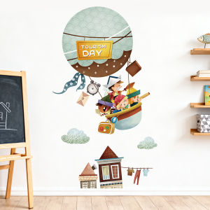 Decal dán tường Trẻ em khám phá thế giới bằng khinh khí cầu Có keo sẵn Trang trí phòng cho bé