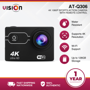 (CLEARANCE SALE) VISION AT-Q306 4K/1080P Sports Action Camera – Ultra HD video waterproof design and remote control included. Perfect for outdoor adventures biking surfing and travel. Durable compact and ideal for capturing high-quality action foot