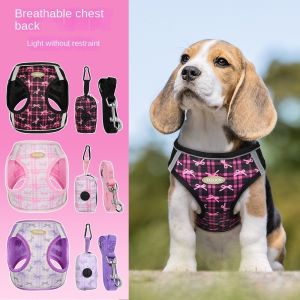 FANGAN ปรับได้ปรับได้ สายจูงสุนัข ป้องกันการลื่น ระบายอากาศได้ระบายอากาศ สายรัดหน้าอกสัตว์เลี้ยง อุปกรณ์เดินสุนัข โบว์สำหรับผูก เสื้อกั๊กควบคุมแมว สำหรับสุนัขตัวเล็ก