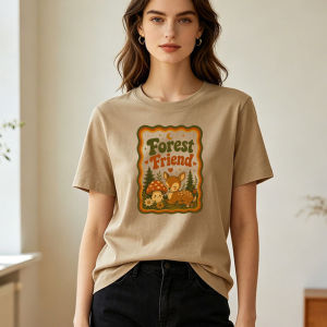 Forest Friend Deer Mushroom Graphic Tee Retro Cottagecore Khaki Summer Women Tops Nature Woodland Daily Streetwear