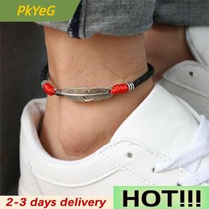 PkYeG Boho Handmade Man Feather Leather Rope Anklets Barefoot Sandal Beach Jewelry
