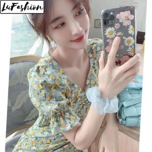 Dress Women Korean Style Fresh and Sweet V-neck Floral Chiffon A-line Dresses