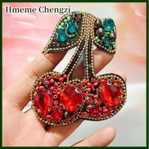 Hmeme Red Handmade Beaded Rhinestone Cherry Heart Patch For Clothing Bag DIY Decoration Applique Accessories