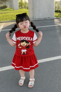 Setelan Baju Merah Putih Anak Perempuan Model TERBARU Rok Mini Lengan Pendek Ready Usia Anak 3 Bulan-10 Tahun