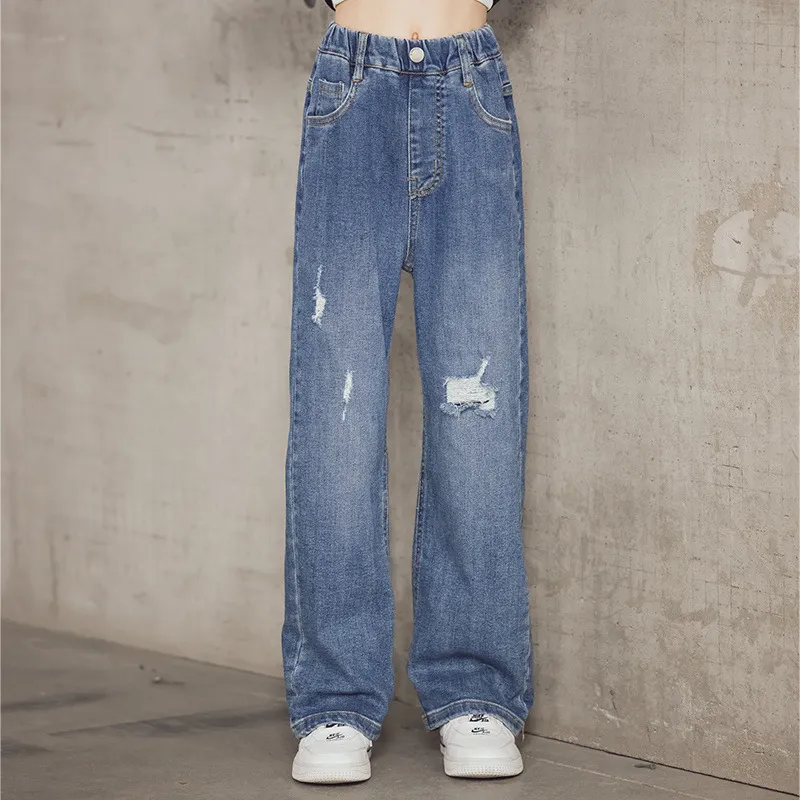 DIIMUU Fashion Kids Girls Jeans Denim Trousers Bottoms Children Long Pants  Clothes Elastic Waist Girl Wide leg pants Clothing