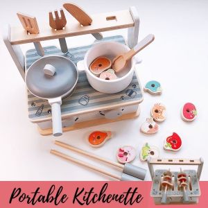 Kids Pretend Play Wooden Toy Portable Kitchenete Set