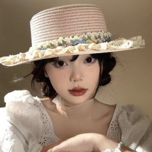 OQEWPI สไตล์ญี่ปุ่นแบบ หมวกปีกลูกไม้ลายดอกไม้ เสื้อแบนด้านบน ปีกกว้างกว้าง หมวกฟางทอด้านบน ที่บังแดด หวานหวานแหววว หมวกกันแดดกันลม สำหรับผู้หญิง