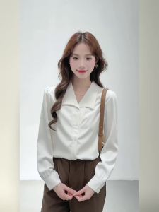 AMMIN 2025 Autumn New Simple Solid Color V-Neck Long Sleeve Shirt for Women Korean Style Fashion Single-Breasted Commuting Elegant Blouse