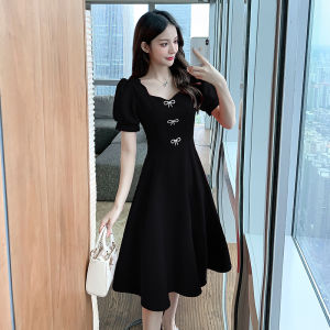ELF TRIBE French Square Neck Bow Puff Sleeve Mid-length Formal Dress for Women