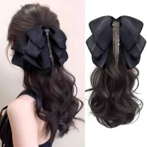 GUORE Synthetic Tassel Bow Wig Ponytail Claw Clip Korean Style Pony Tail Hair piece Temperament Hair Extensions Wave Curly Hair for Women