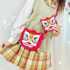 CRNGW Fluffy Lion Dance Shoulder Bag Soft Plush Red Lion Coin Pruse Creative Handbag Chinese Dancing Lion Bag Chinese New Year
