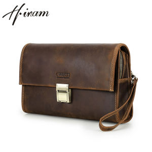 Hiram Genuine Leather Clutch Wallets for Men Vintage Clutch Bags Password Lock Design Wrist Strap Large Wallets Phone Pocket for 8.3 iPad Mini