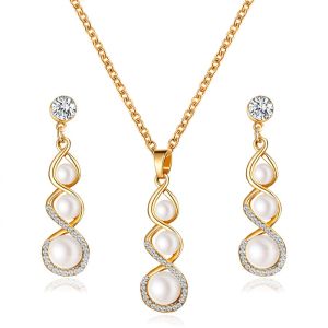 Crystal Drop Necklace Earring Jewelry Set Wedding Bride Pearl Earring Necklace Jewelry Set Romantic Dangle Earrings Necklace Fashion Bridal Bridesmaid Pendant Earring Set