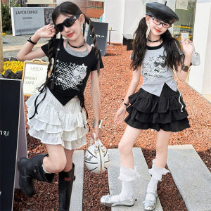 Hip Hop Girls Fake Two Pieces Print Crop Top+Pantskirt Street Dance Clothes Sets Kids K-pop Stage Costume Child Group Streetwear H260702