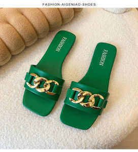 [Free Shipping] WomenS Chain Sandals With Square Toe And Flat Sole 2026 Summer New Model Suitable For Outdoor Wear Korean Style Large Size Casual Slip-On Sandals Size 43