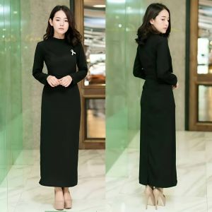 ชุดเดรสดำ แขนยาว ทรงสุภาพ ผ้าเนื้อดี สวยหรูดูแพง รุ่น D503