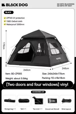 Naturehike BLACKDOG Instant Pop-Up Tent – Quick Open 2 Doors & 4 Windows Waterproof Black Coated Oxford Fabric Thickened for Outdoor Camping