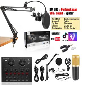 Promo Super Lengkap Mic Condenser BM 800 + Stand + Pop Filter + Soundcard V8S V8S+ Bluetooth + Splitter - Full Black Mic BM 800 Full Set For Podcast Live Black Gold Microphone Splitter READY STOK!!! PRODUK BEST SELLER!!!