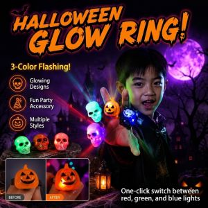 Halloween LED Light Up Ring Flashing Glowing Ring Ghost Pumpkin Design Costume Accessory Novelty Jewelry for Party Festival Kids Adults and Decoration