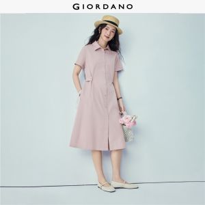 Giordano Beau Monde Women 100% Cotton waist belted short sleeve dress Free Shipping 13466229