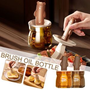 JURHOMIE Cartoon Bear Brush Oil Bottle High Temperature Resistant Glass Oil Brush Cute Integrated Oil Pot For Barbecue Cooking