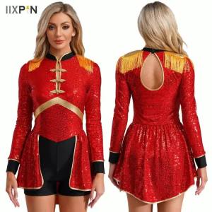 Women Magician Bodysuit Sequins Ringmaster Circus Drummer Halloween Carnival Cosplay Costume Long Sleeve Fringe Epaulet Bodysuit2026
