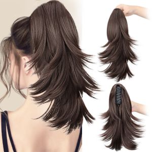 GYYT Ponytail Extension Short Layered Ponytail Wig Clip in Ombre Claw Clip Ponytail Wig Heat Resistant Fiber Fluffy Pony Tail Hairpiece for Kids and Women