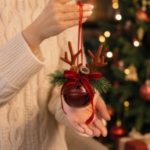 DEQIX Antlers Christmas Bells Hanging Pendants Fabric Bows Natural Pine Cones Xmas Tree Pendant Home Adornment Vintage Rustic Style Christmas Tree Hanging Bells Christmas Tree