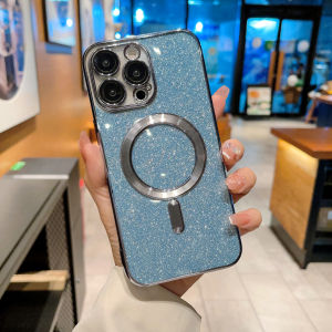 【New】6D Self-contained Lens Film Electroplated Glitter Powder Mgnetic Phone Case With Dustproof Net For iPhone 11 12 13 14 15 Series