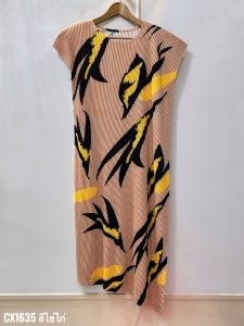 2MUAY รุ่น CX1635 เดรสอัดพลีทคุณภาพ THICK CAP SLEEVE PRINTED PLEATED DRESS 3 สี FREE SIZE
