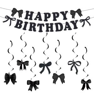PAZNUL Paper Happy Birthday Banner Bow Theme Spiral Bow Pattern Balloons  Pink Black Blue Backdrop Decor for Girls