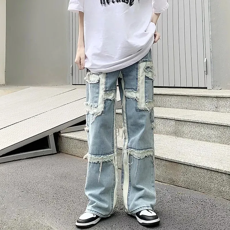 Streetwear Side Pockets Baggy Stacked Cargo Jeans Pants For Men