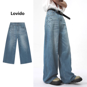 Retro washed blue distressed jeans vibe lightning pattern high street straight flared trousers