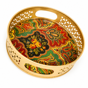 Elegant Metal Decorative Serving Tray with Intricate Floral Pattern & Cutwork Design | Multipurpose Pooja Fruit & Home Decor Tray(Pack of 1 | 8 Inch)