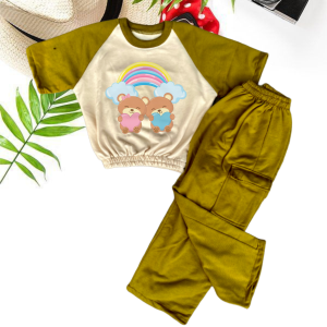 One Set anak Raibow Bears Setelan Sweatpants Cargo Bahan Katun Fleece Tebal Usia 3-12 Tahun