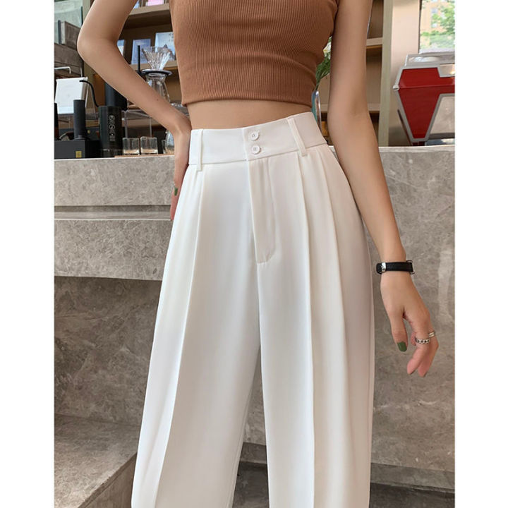 ice silk white wide leg trousers for girls women Korean style high waist  casual office fashion pants