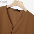 ZANZEA Women Two-piece Outfits Raglan Sleeve V-Neck Button Up Shirt Wide Leg Long Trousers Solid Elegant Sets #0407. 