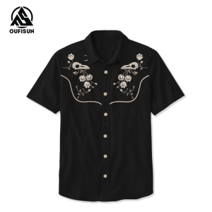 【Oufisun】Flower And Raven Skull Shirts Retro Mens Shirt Oversize Short-Sleeved Tops Loose Mens Casual Shirt
