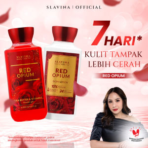 SLAVINA Bundle 2IN1 Red Opium (Body Lotion + Shower Gel) by Nagita Slavina – Handbody Whitening Body Lotion Tone Up Sabun Mandi Cair Wangi Parfum Tahan Lama Body Care Pemutih Badan Lembut Melembabkan Kulit