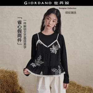 Giordano Women Fake two-piece embroidery long sleeve tee Free Shipping 18326717