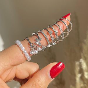 [fenggongshuode] 1Set Korean Style Butterfly Rings Set For Women Shine Gothic Vintage Rhinestone Simple Fashion Finger Jewelry Gift