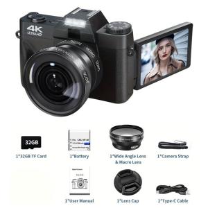 VETXI 4K autofocus digital camera and 56MP vlogging camera for photography supports 16x digital zoom 3-inch 180° flip screen equipped with 52mm wide-angle and macro lenses and 32GB memory card battery capacity is 1500mAh