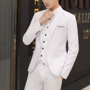 (Local Delivery)Essential for summer!Beige three-piece suitLightweight and breathable cotton blendKorean-style slim fit