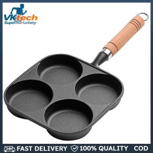 4-Hole Breakfast Burger Egg Pancake Maker Wooden Handle Non Stick Omelet Pan Egg Pancake Steak Cooking Pan Suitable for Gas Stove Induction Cooker