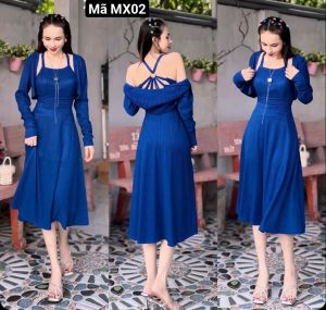 Đầm kèm áo khoác và quần đùi ôm sau lưng có nhúng thun mặc thoải mái.Mã MX02